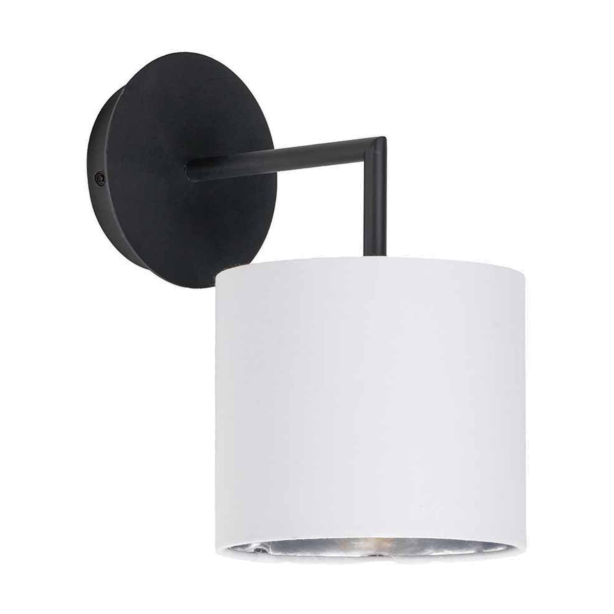 Elin Matt Black & Ivory Wall Light, 26cm, with round wall-mounted backplate, angled black metal arm, and white fabric drum shade, shown on a plain white background.
