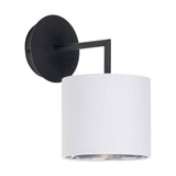 Elin Matt Black & Ivory Wall Light, 26cm, with round wall-mounted backplate, angled black metal arm, and white fabric drum shade, shown on a plain white background.