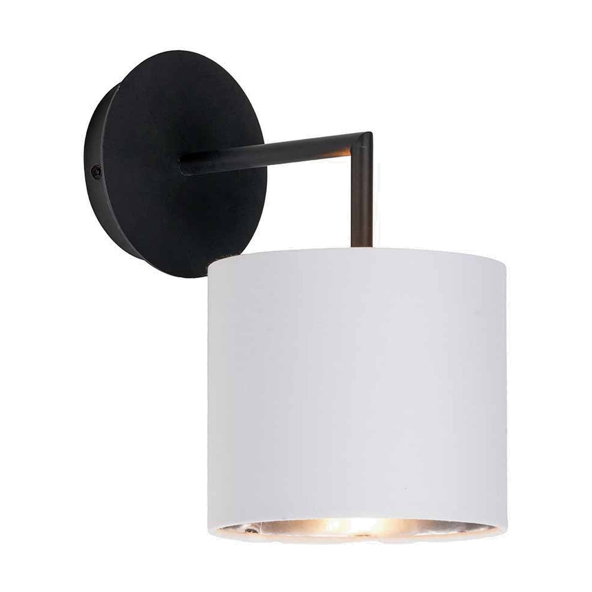 Elin Matt Black & Ivory Wall Light, 26cm, with a round wall plate, angled arm, and drum-shaped ivory fabric shade, shown lit against a plain white background.