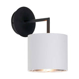 Elin Matt Black & Ivory Wall Light, 26cm, with a round wall plate, angled arm, and drum-shaped ivory fabric shade, shown lit against a plain white background.