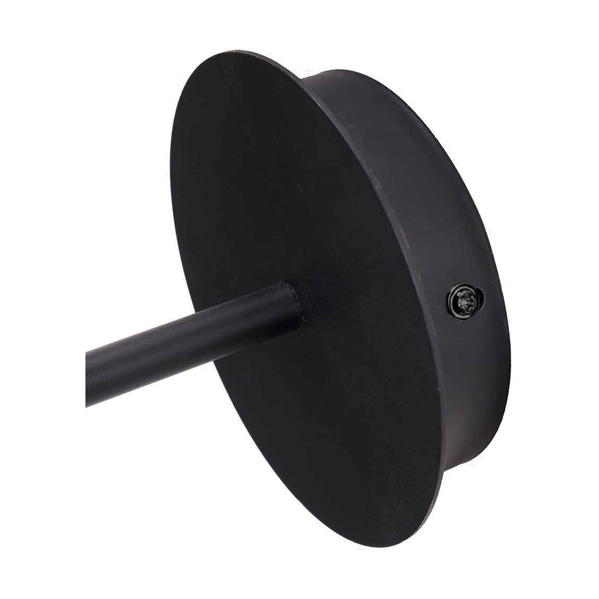 Elin Matt Black & Ivory Wall Light, 26cm, close-up of the round matt black backplate with visible screw fixing and straight metal arm, shown on a plain white background.