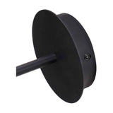 Elin Matt Black & Ivory Wall Light, 26cm, close-up of the round matt black backplate with visible screw fixing and straight metal arm, shown on a plain white background.
