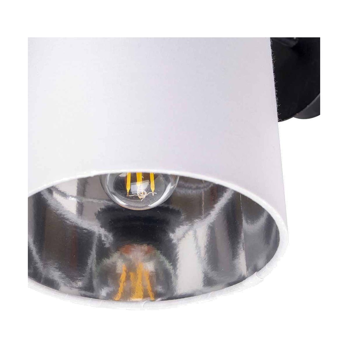 Close-up of the Elin Matt Black & Ivory Wall Light showing the ivory fabric shade with mirrored chrome interior and visible bulb, mounted on a matt black wall bracket.
