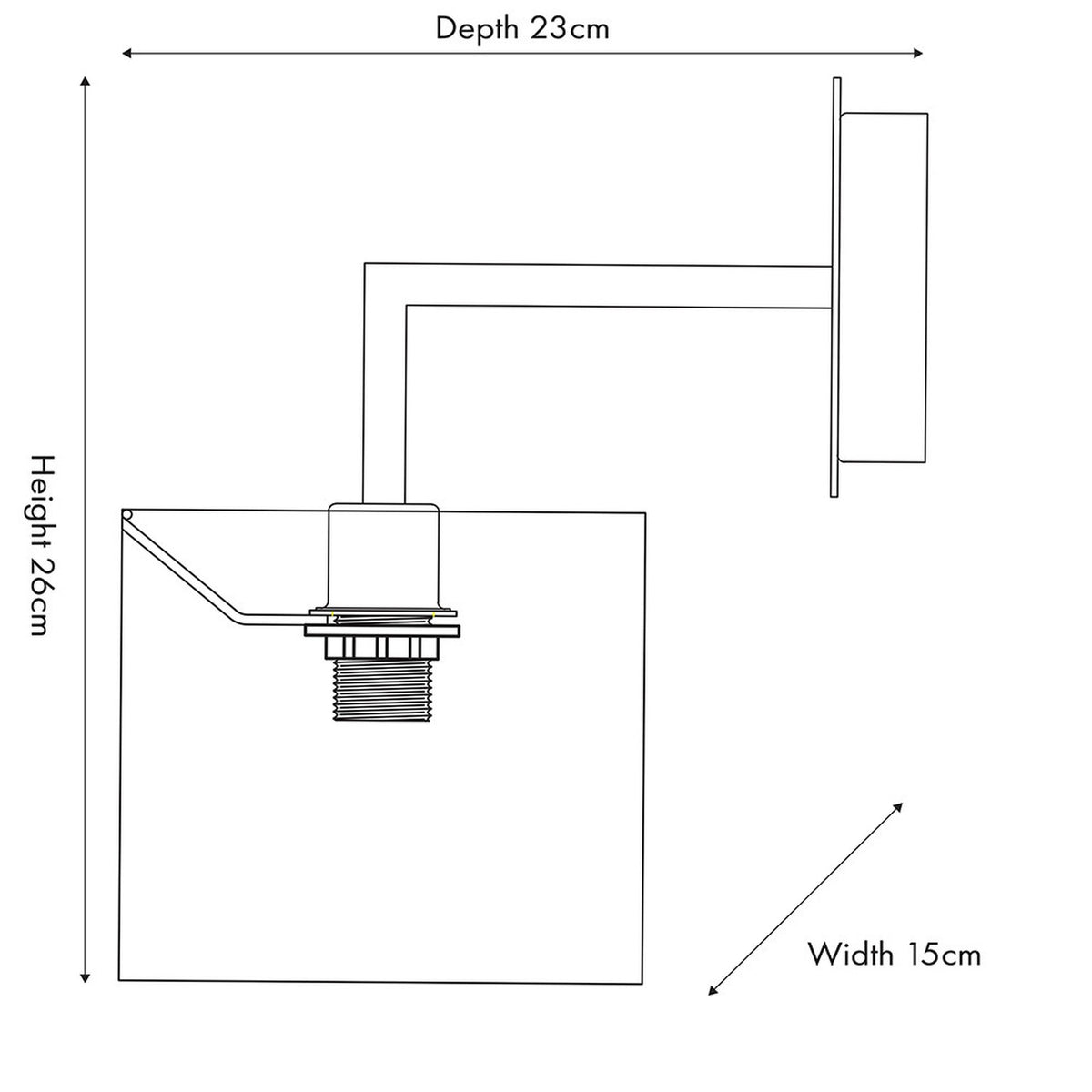 Line drawing of the Elin Matt Black & Ivory Wall Light showing a cranked arm with round backplate and cylindrical fitting, dimensions 26cm height, 23cm depth, 15cm width.