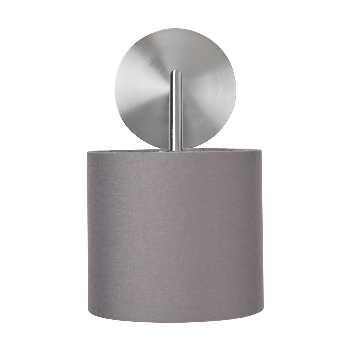 Elin wall light with a round brushed silver backplate and steel grey fabric drum shade, shown on a plain white background.
