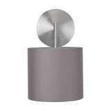 Elin wall light with a round brushed silver backplate and steel grey fabric drum shade, shown on a plain white background.