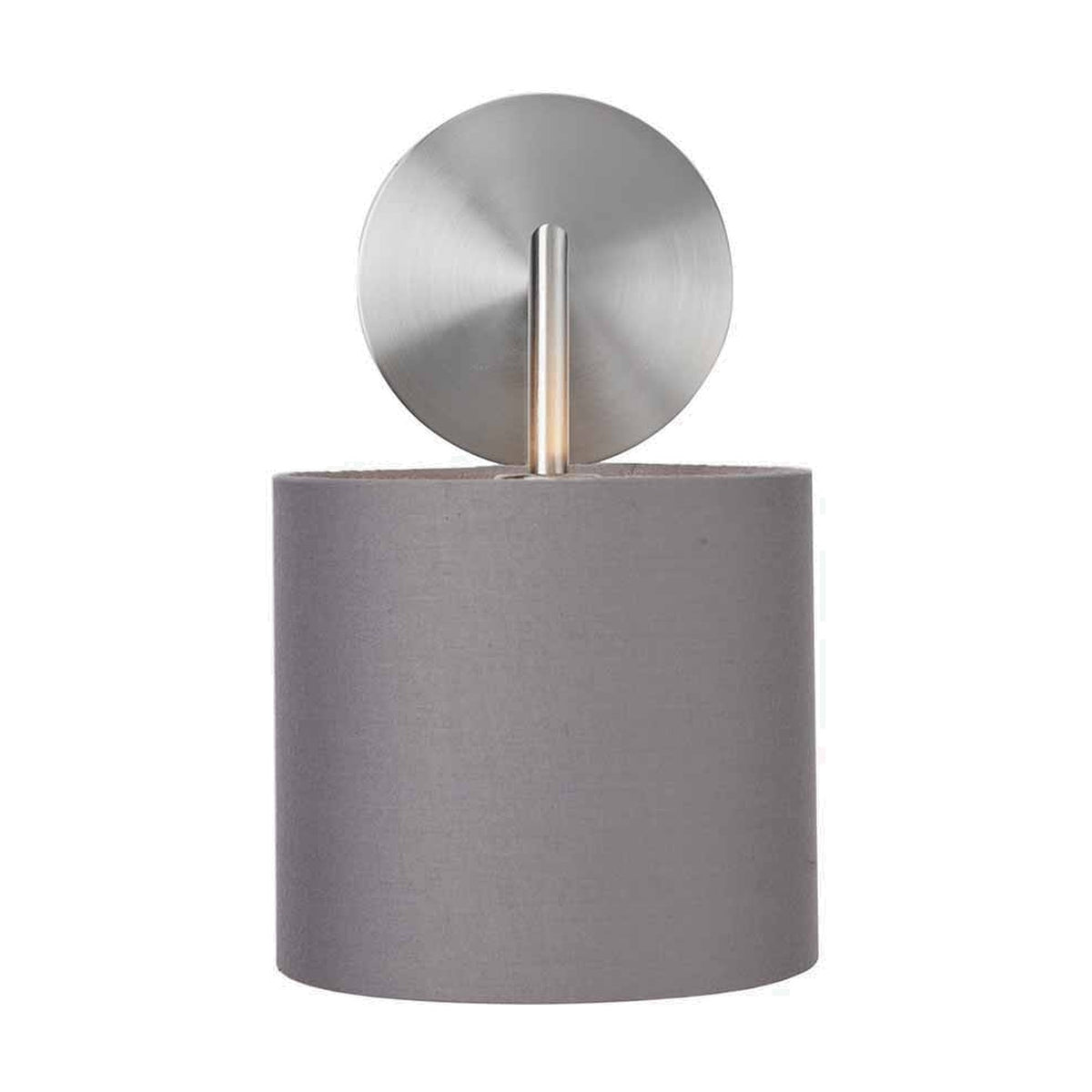 Elin wall light, 26cm, with a round brushed silver backplate and grey fabric drum shade on a slim metal arm, shown on a plain white background.