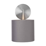 Elin wall light, 26cm, with a round brushed silver backplate and grey fabric drum shade on a slim metal arm, shown on a plain white background.