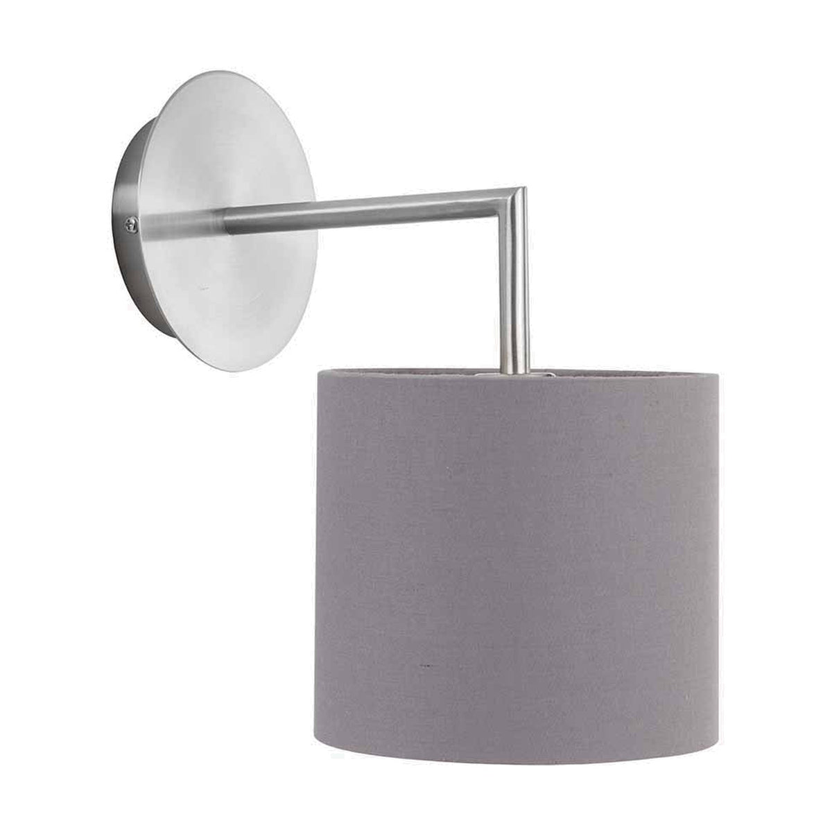 Elin wall light in brushed silver, 26cm, with an angled arm and cylindrical steel grey fabric shade, shown on a plain white background.
