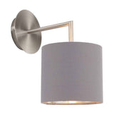 Elin wall light in brushed silver with an angular arm and a grey fabric drum shade, shown against a plain white background.
