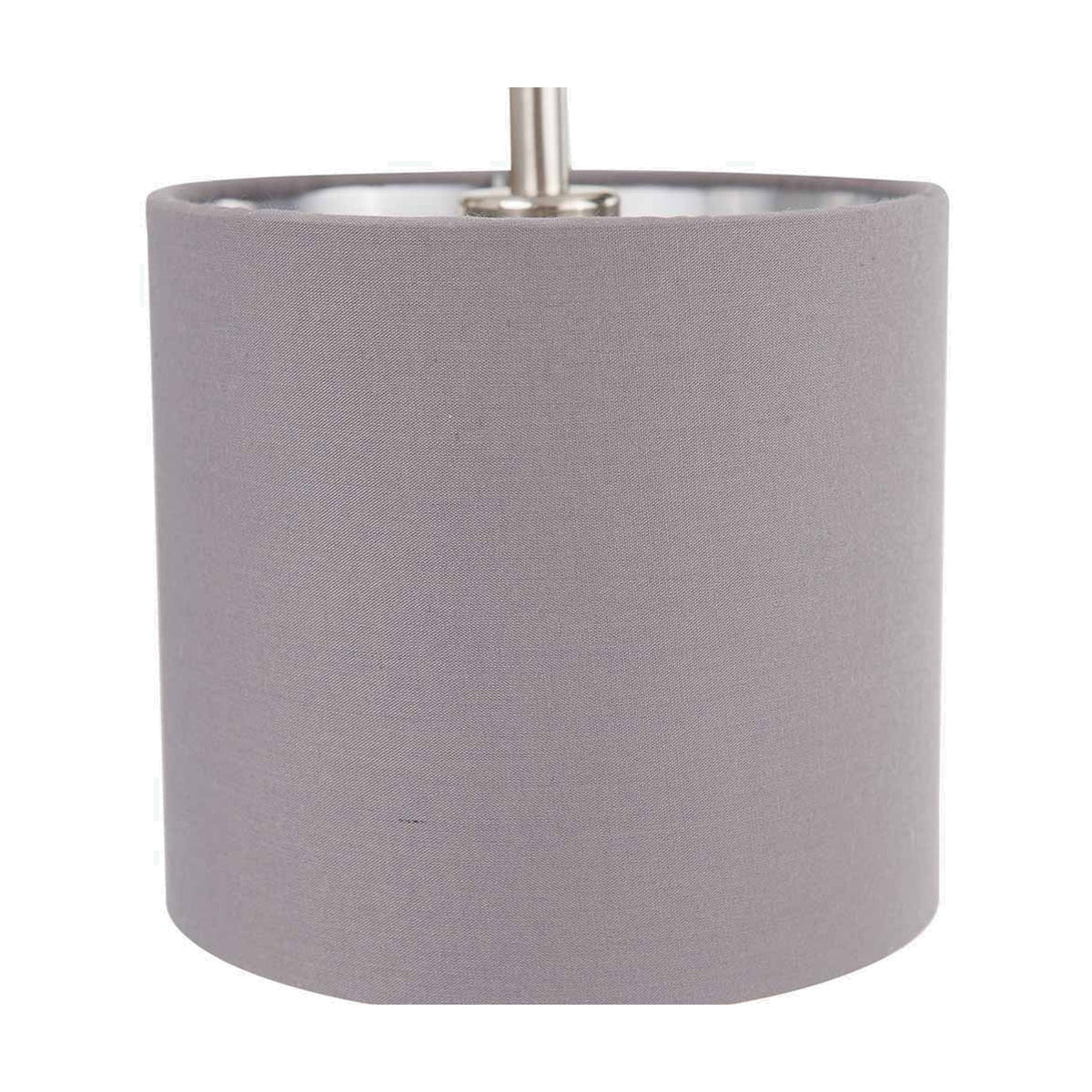 Elin wall light with a cylindrical steel grey fabric shade and brushed silver fitting and stem, shown against a plain white background.