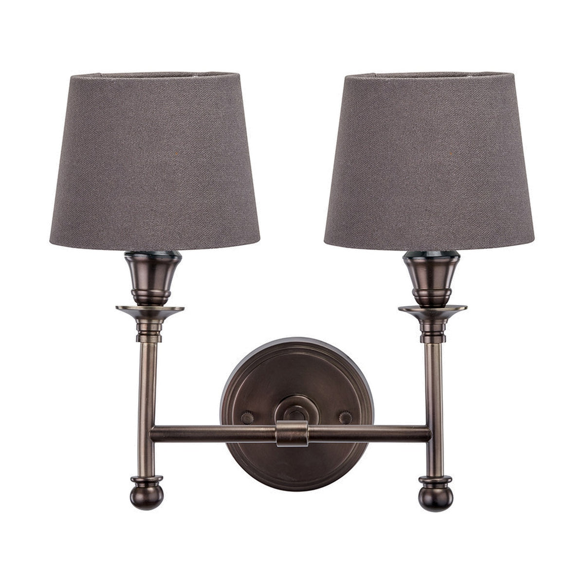 Piero Antique Bronze Double Wall Light with two grey handloom shades on curved metal arms, mounted on a round backplate, shown on a plain white background.
