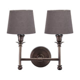 Piero Antique Bronze Double Wall Light with two grey handloom shades on curved metal arms, mounted on a round backplate, shown on a plain white background.