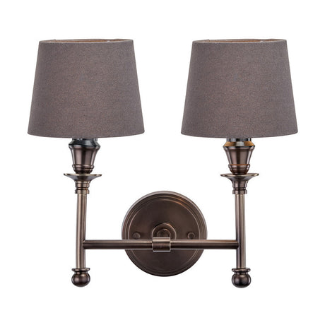 Piero Antique Bronze Double Wall Light with 2 Grey Handloom Shades