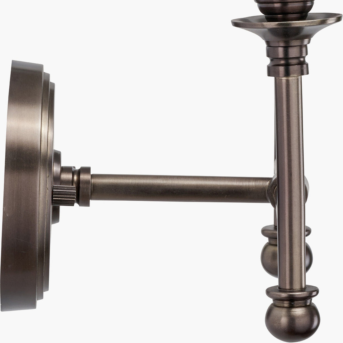 Close-up of the Piero Antique Bronze Double Wall Light showing the wall backplate, arm, and turned metal column detail against a plain white background.