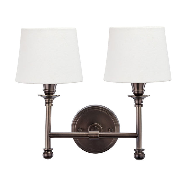 Piero Antique Bronze Double Wall Light with two arms, ball feet, and white handloom fabric shades, shown on a plain white background.