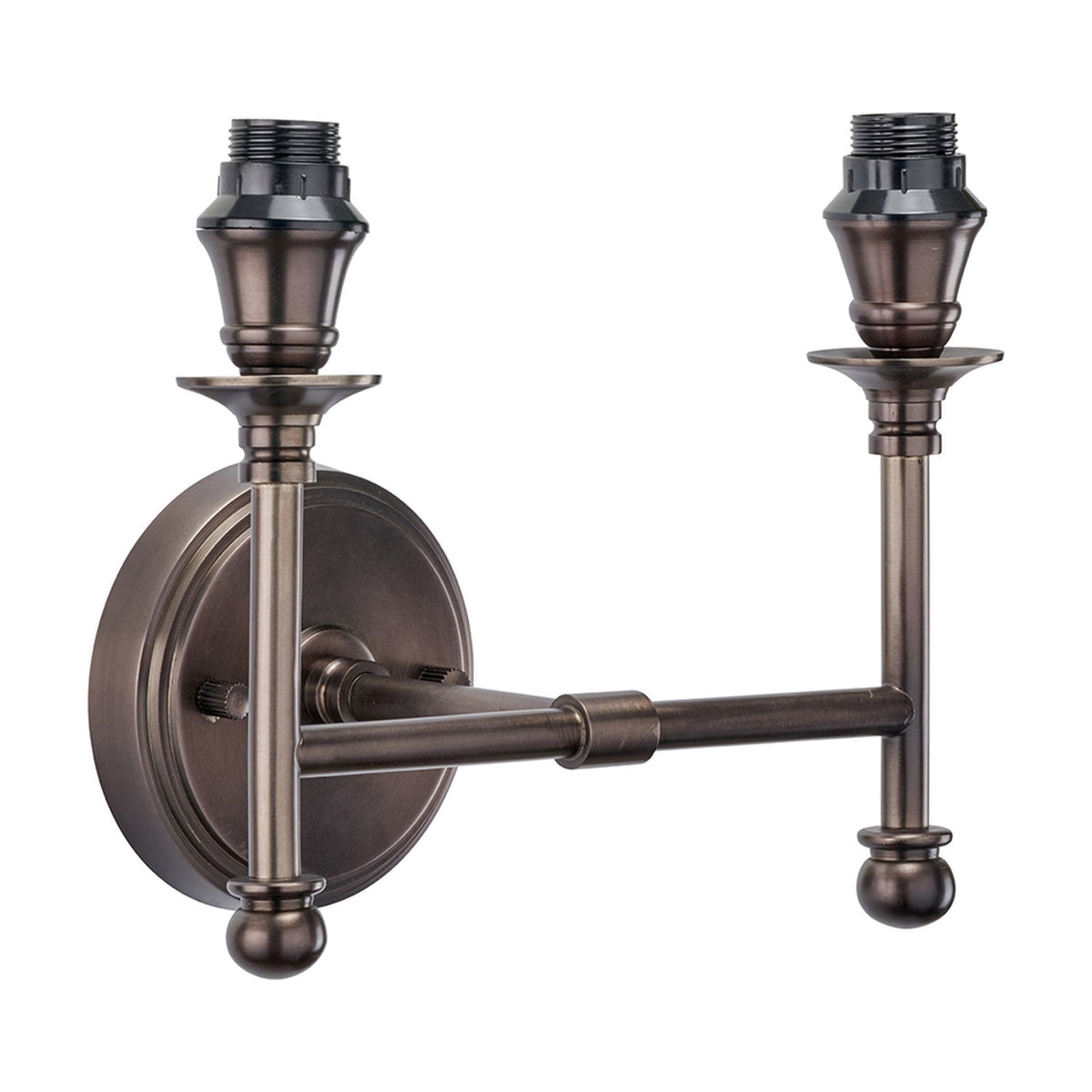 Piero Antique Bronze Double Wall Light, 21cm, with a round wall backplate and two curved arms holding bare bulb fittings on a plain white background.
