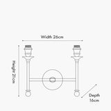 Line drawing of the Piero Antique Bronze Double Wall Light showing two candle-style arms with ball feet and a round backplate, labelled 26cm width, 21cm height, 16cm depth.