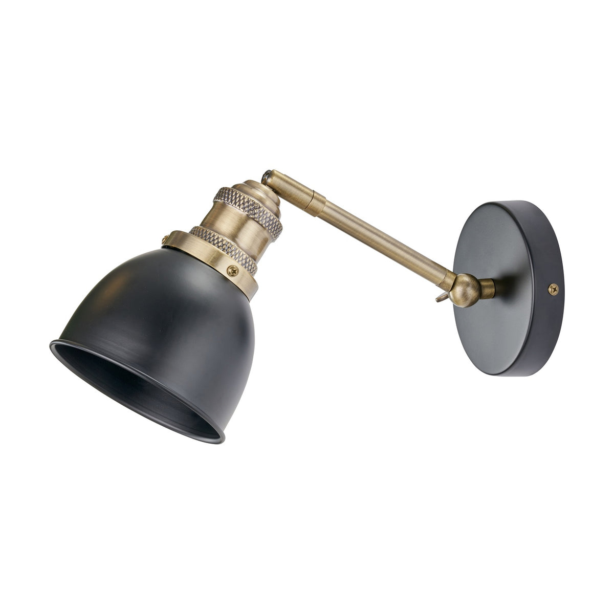 Augusto Black & Gold Task Wall Light with adjustable brass arm, round black metal base plate and matte black bell-shaped shade, shown on a plain white background.