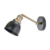 Augusto Black & Gold Task Wall Light with adjustable brass arm, round black metal base plate and matte black bell-shaped shade, shown on a plain white background.