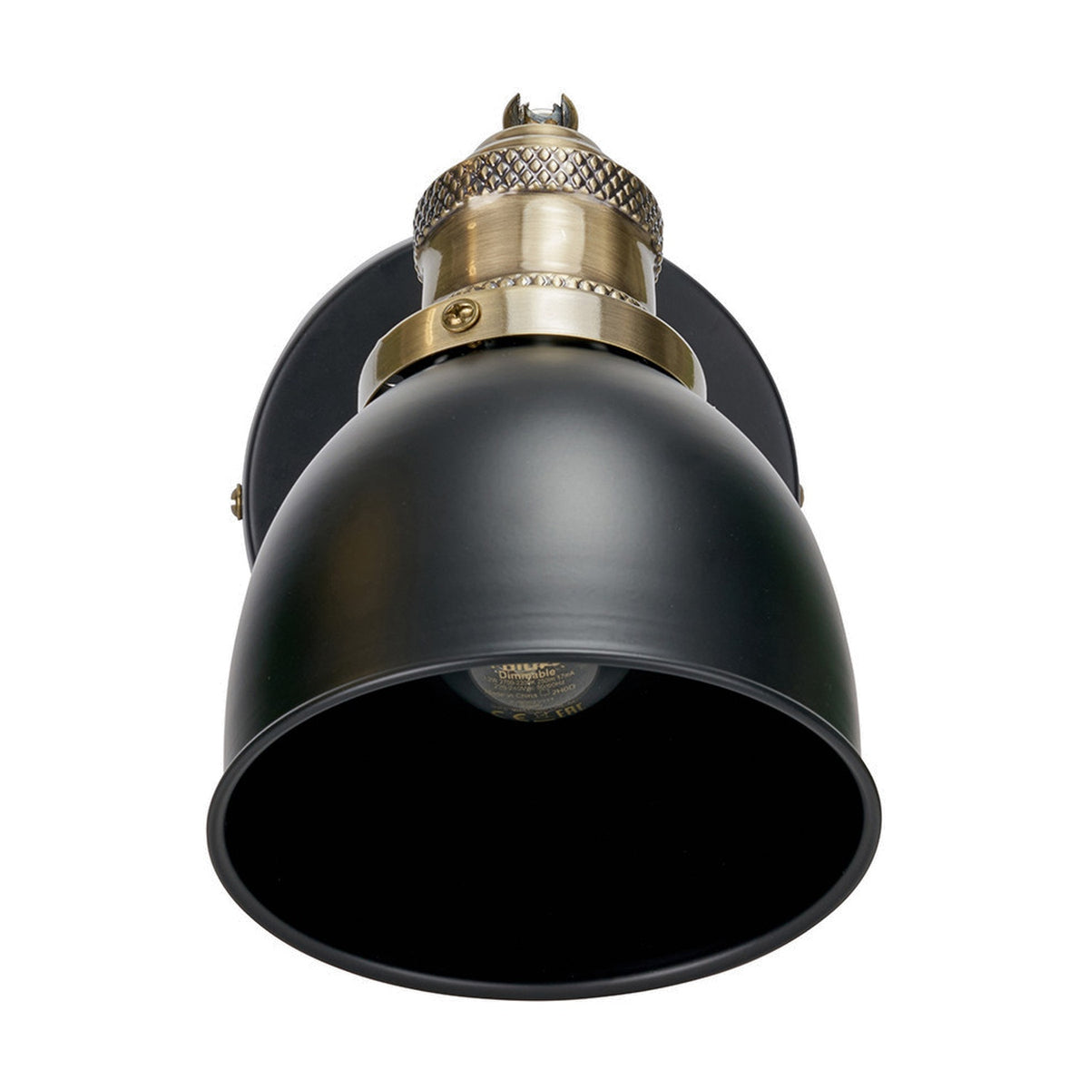Augusto Black & Gold Task Wall Light with a black dome shade and knurled antique brass fitting, shown close-up against a white background.
