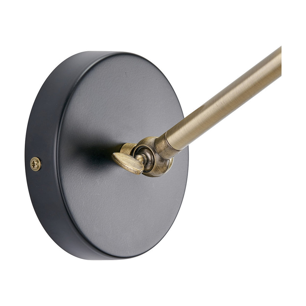 Augusto Black & Gold Task Wall Light - 16cm, close-up of the round matt black wall plate with an antique brass adjustable arm joint, shown on a plain white background.