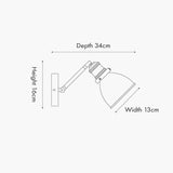 Line drawing of the Augusto Black & Gold Task Wall Light with adjustable arm and cone shade, showing 34cm depth, 16cm height, and 13cm width.