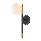 Wanda White Orb & Black Metal Wall Light, 35cm, featuring a round white glass globe shade on a black and brass metal stem with circular wall mount, shown on a plain white background.