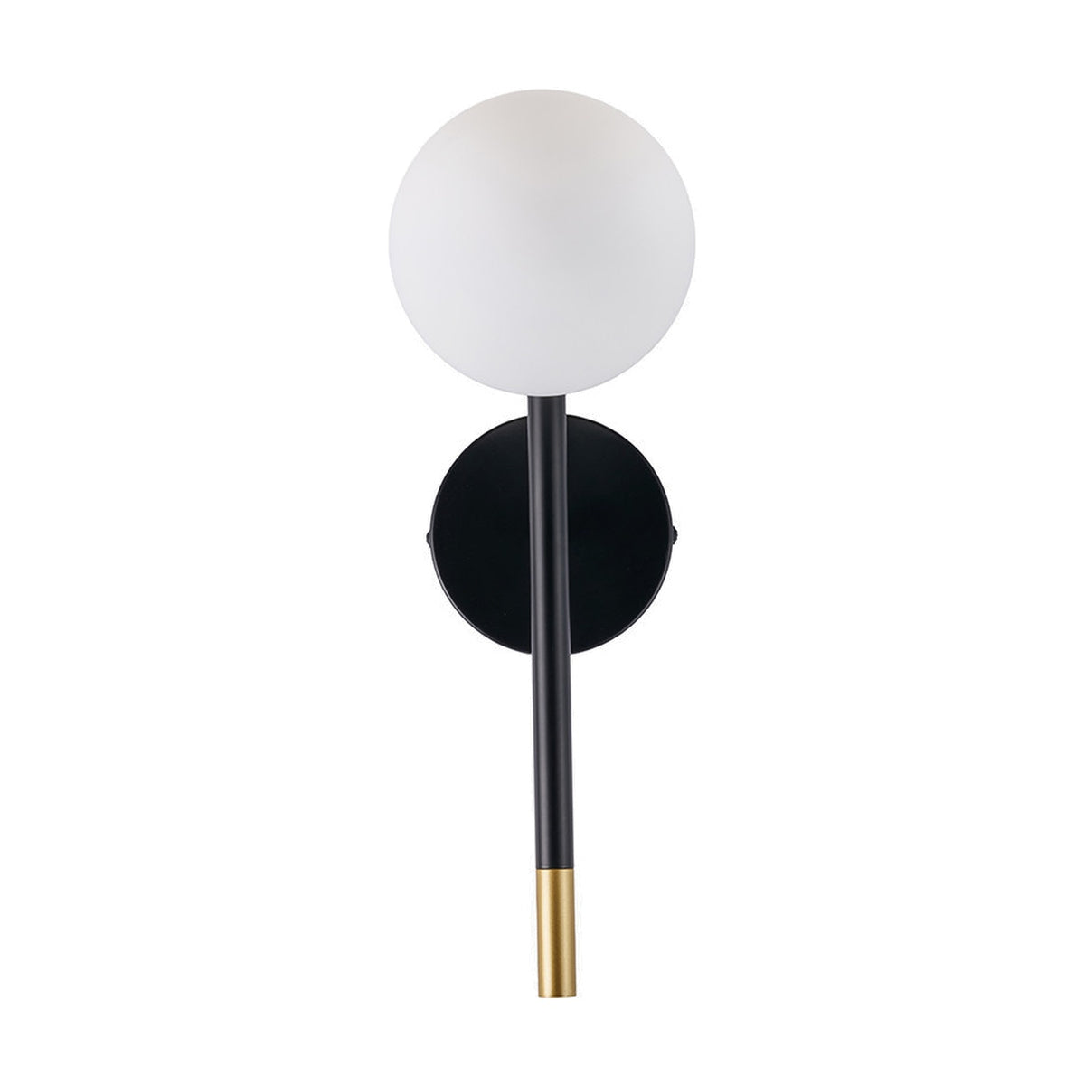 Wanda White Orb & Black Metal Wall Light, 35cm, featuring a round white glass globe shade on a black metal stem with a brass-tipped base, shown against a plain white background.