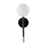 Wanda White Orb & Black Metal Wall Light, 35cm, featuring a round white glass globe shade on a black metal stem with a brass-tipped base, shown against a plain white background.