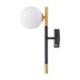 Wanda White Orb & Black Metal Wall Light with a single glass globe shade on a black and brass vertical stem, round wall mount, shown on a plain white background.