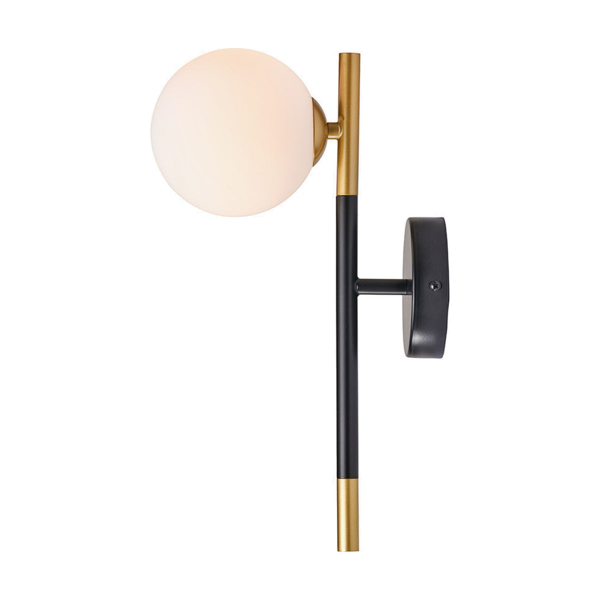 Wanda wall light with a white glass orb shade on a black and brushed brass metal stem, mounted with a round black wall plate, shown on a plain white background.