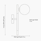 Line drawing of Wanda wall light with white orb shade on black metal backplate and arm, labelled 35cm height, 21cm depth, 11cm width, on a plain background.