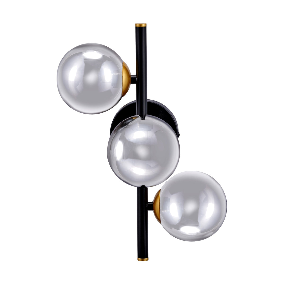 Blair wall light with three smoke glass ball shades on a black metal stem with brass detailing, 34cm, shown on a plain white background.