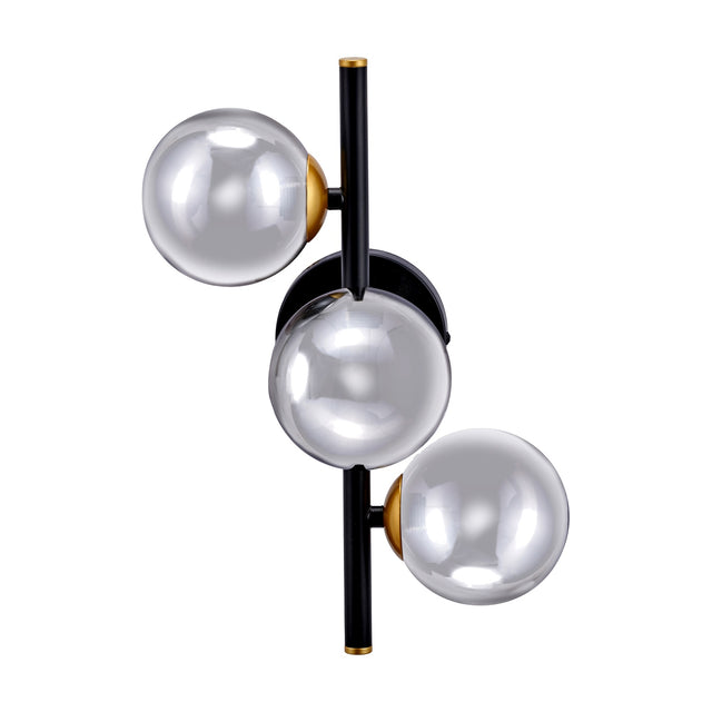 Blair wall light with three smoke glass ball shades on a black metal stem with brass detailing, 34cm, shown on a plain white background.
