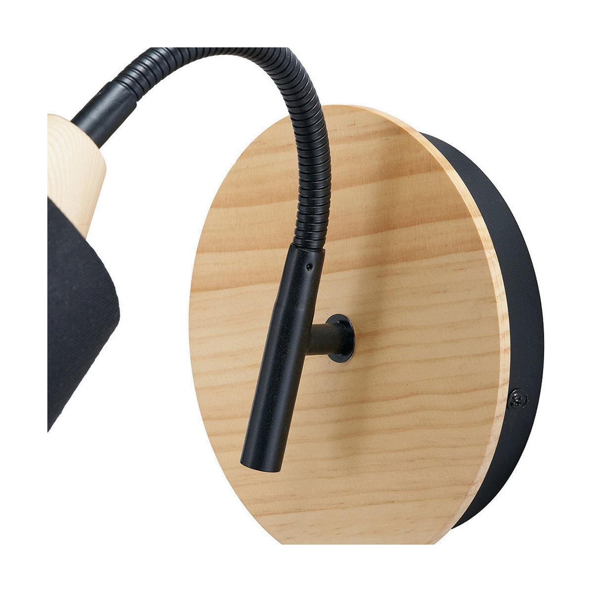 Close-up of the Juna wall light's round wooden backplate with black flexible gooseneck arm and cylindrical head, showing mounting screws on a plain background.
