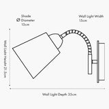 Line drawing of the Juna Black Metal & Wood Wall Light showing a trapezoid shade, curved textured arm, and wall mount, with dimensions labelled on a white background.