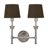 Salvatore double wall light in antique silver metal with two tapered brown fabric shades on ribbed arms, shown against a plain white background.