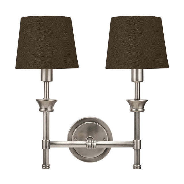 Salvatore double wall light in antique silver metal with two tapered brown fabric shades on ribbed arms, shown against a plain white background.