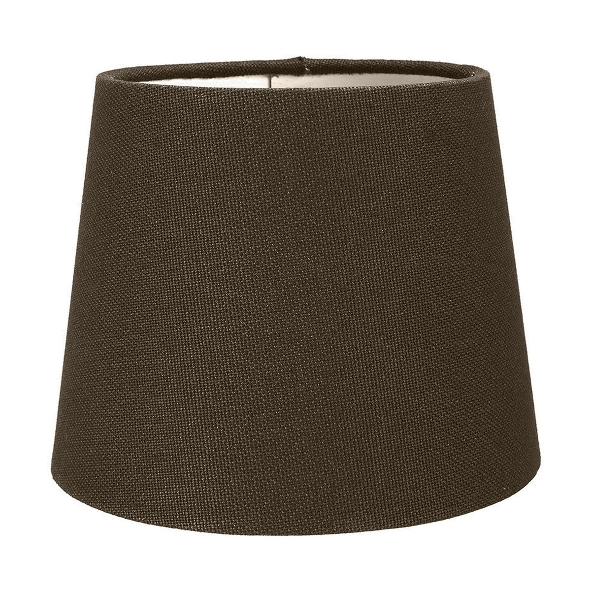Tapered fabric lamp shade in a dark brown tone with a plain white background, shown alone to highlight its cone shape and textured finish.