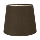 Tapered fabric lamp shade in a dark brown tone with a plain white background, shown alone to highlight its cone shape and textured finish.