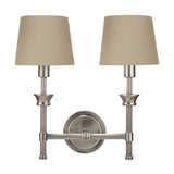 Salvatore double wall light in antique silver metal with reeded columns and two taupe fabric tapered shades, shown against a plain white background.