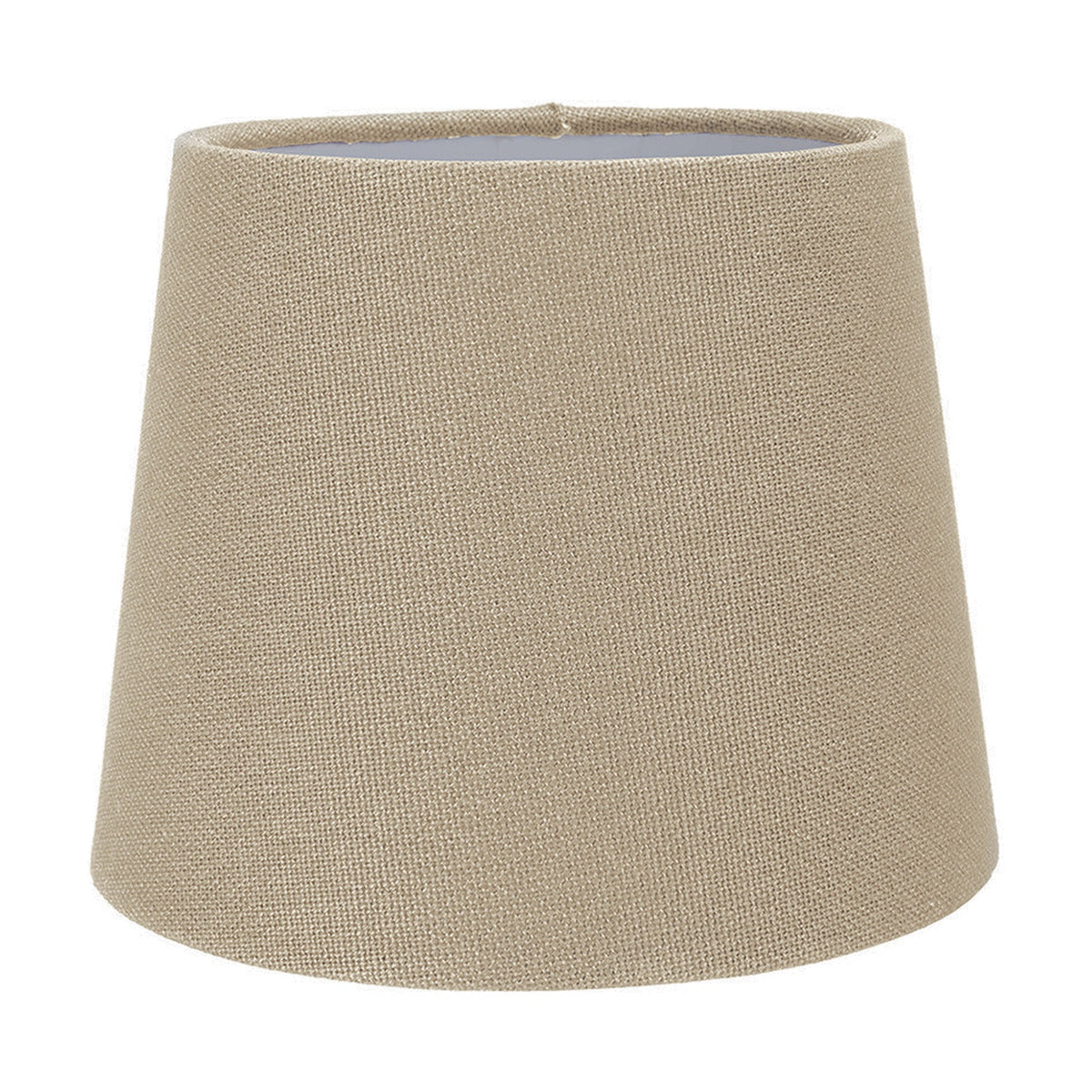 Tapered fabric lamp shade in taupe with a plain weave texture, shown alone on a white background, revealing a light grey interior lining.