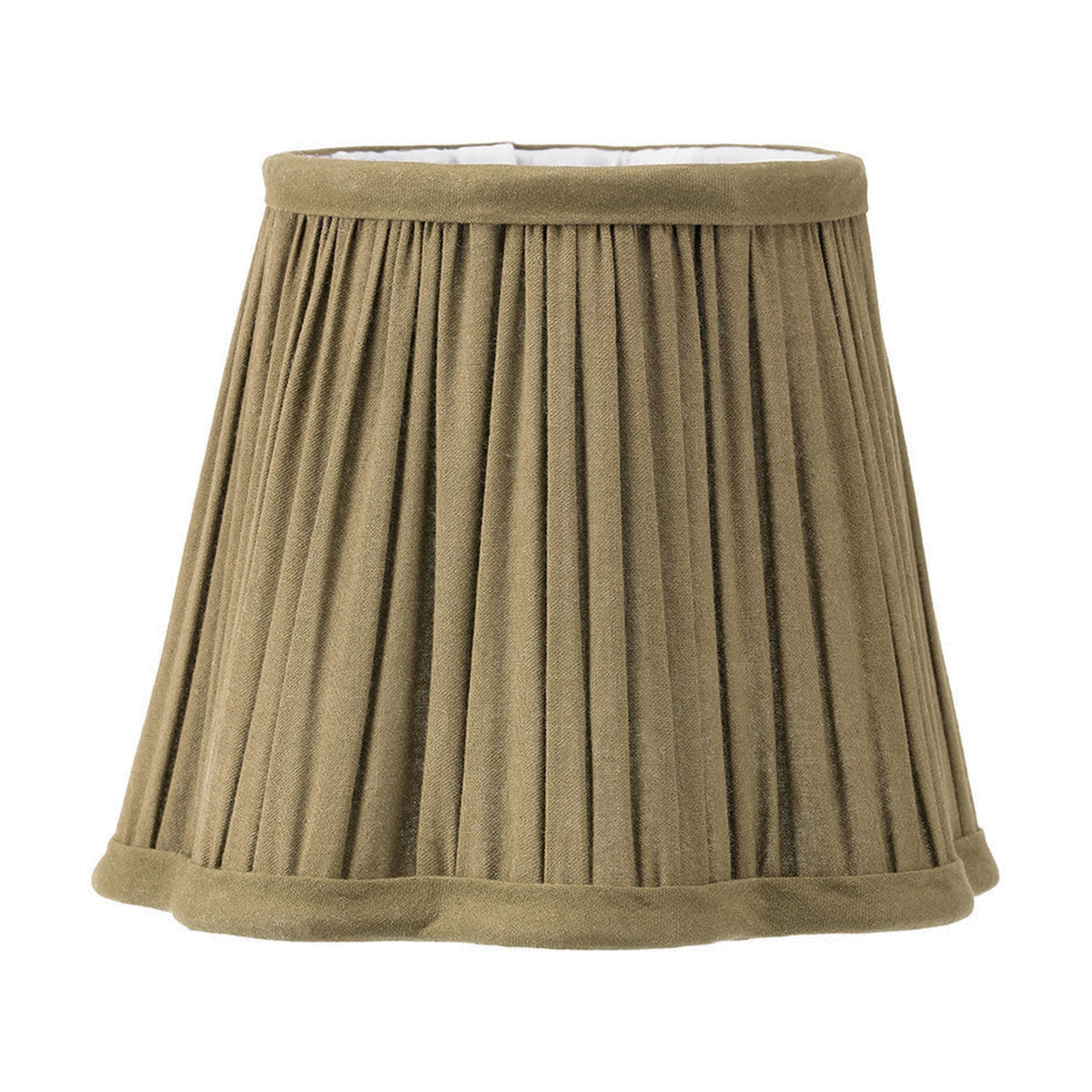 Pleated olive fabric lampshade with rolled trim edges, shown alone on a plain white background, part of the Salvatore wall light set.