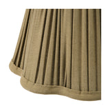 Close-up of a pleated olive fabric lamp shade with folded pleats and a trimmed edge, part of the Salvatore antique silver double wall light.