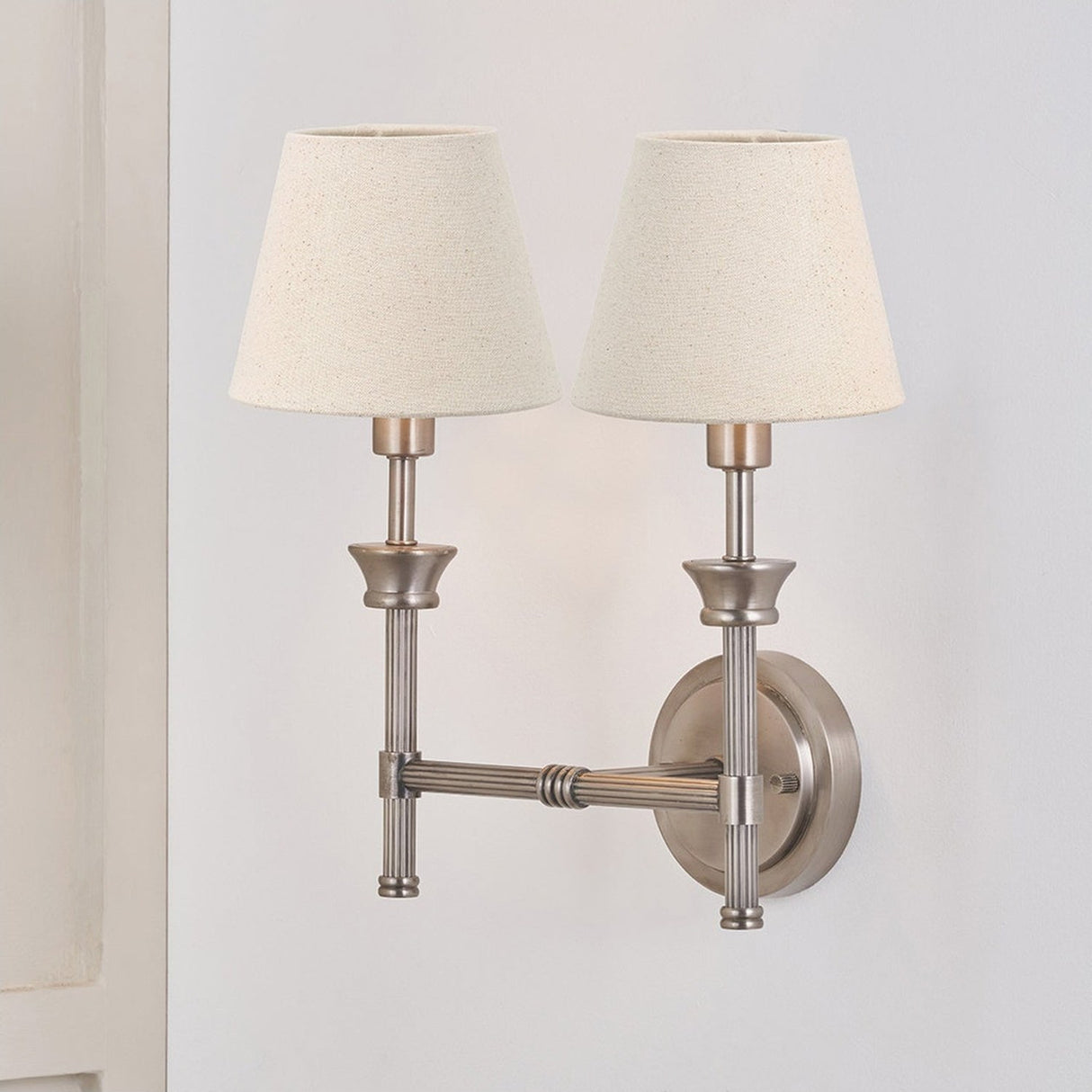 Salvatore Antique Silver Metal Double Wall Light with 2 Cream Shades