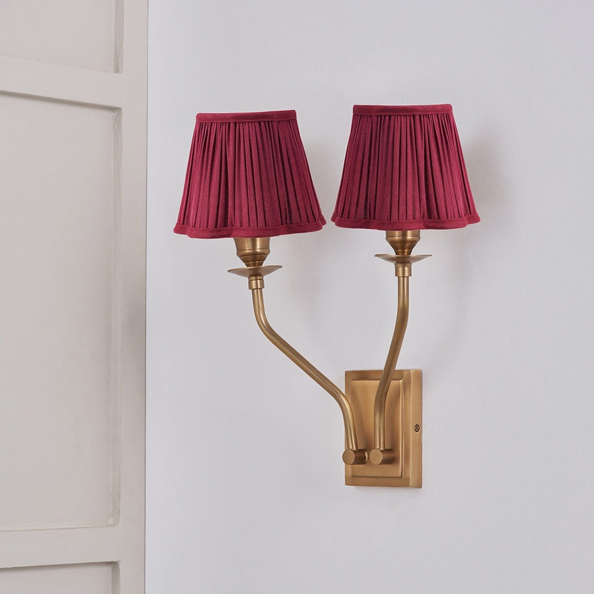 Tatiana Antique Brass Double Wall Light with 2 Mulberry Red Shades
