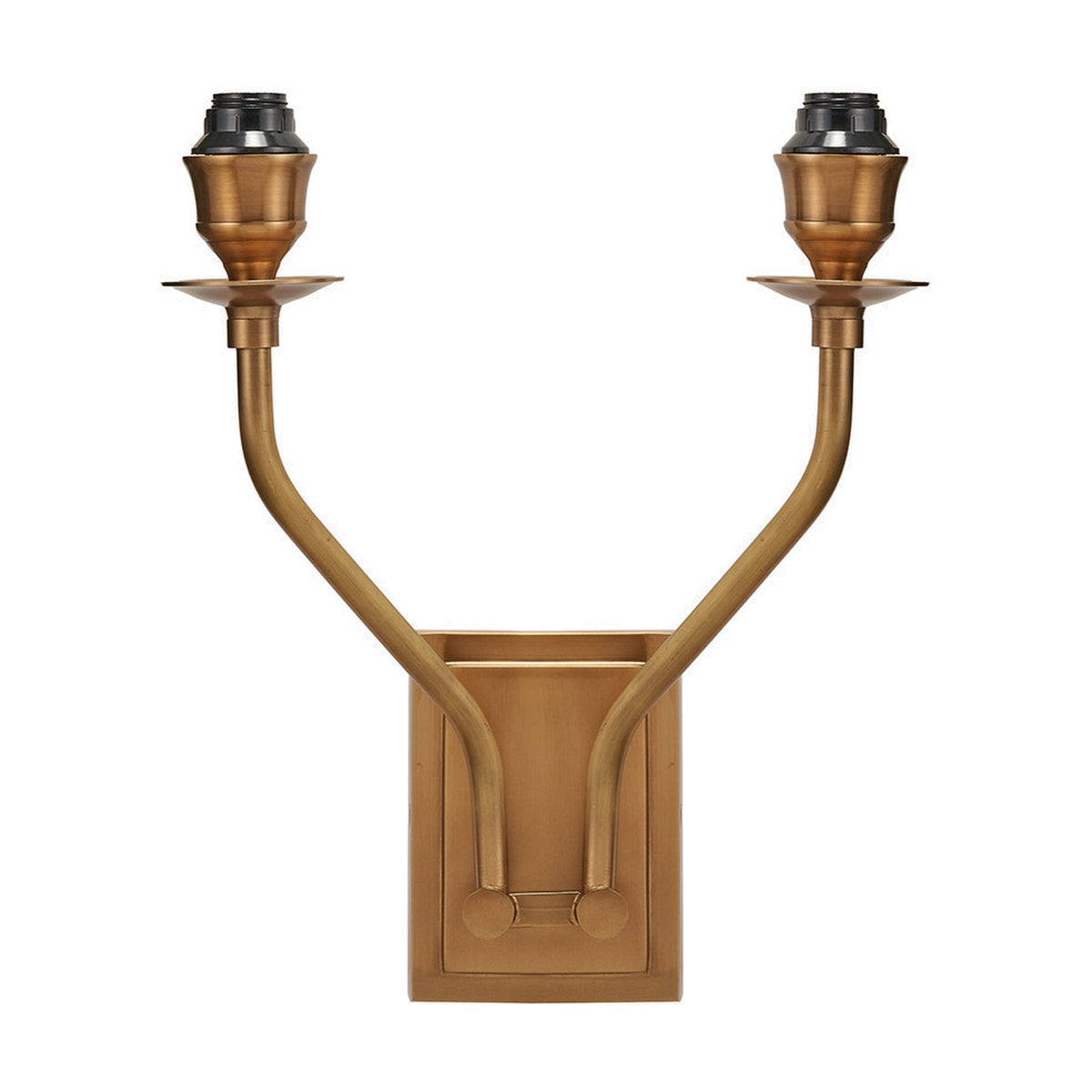 Tatiana antique brass double wall light with two curved arms, cup-shaped bulb holders, and a rectangular backplate, shown without shades on a plain white background.
