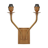 Tatiana antique brass double wall light with two curved arms, cup-shaped bulb holders, and a rectangular backplate, shown without shades on a plain white background.