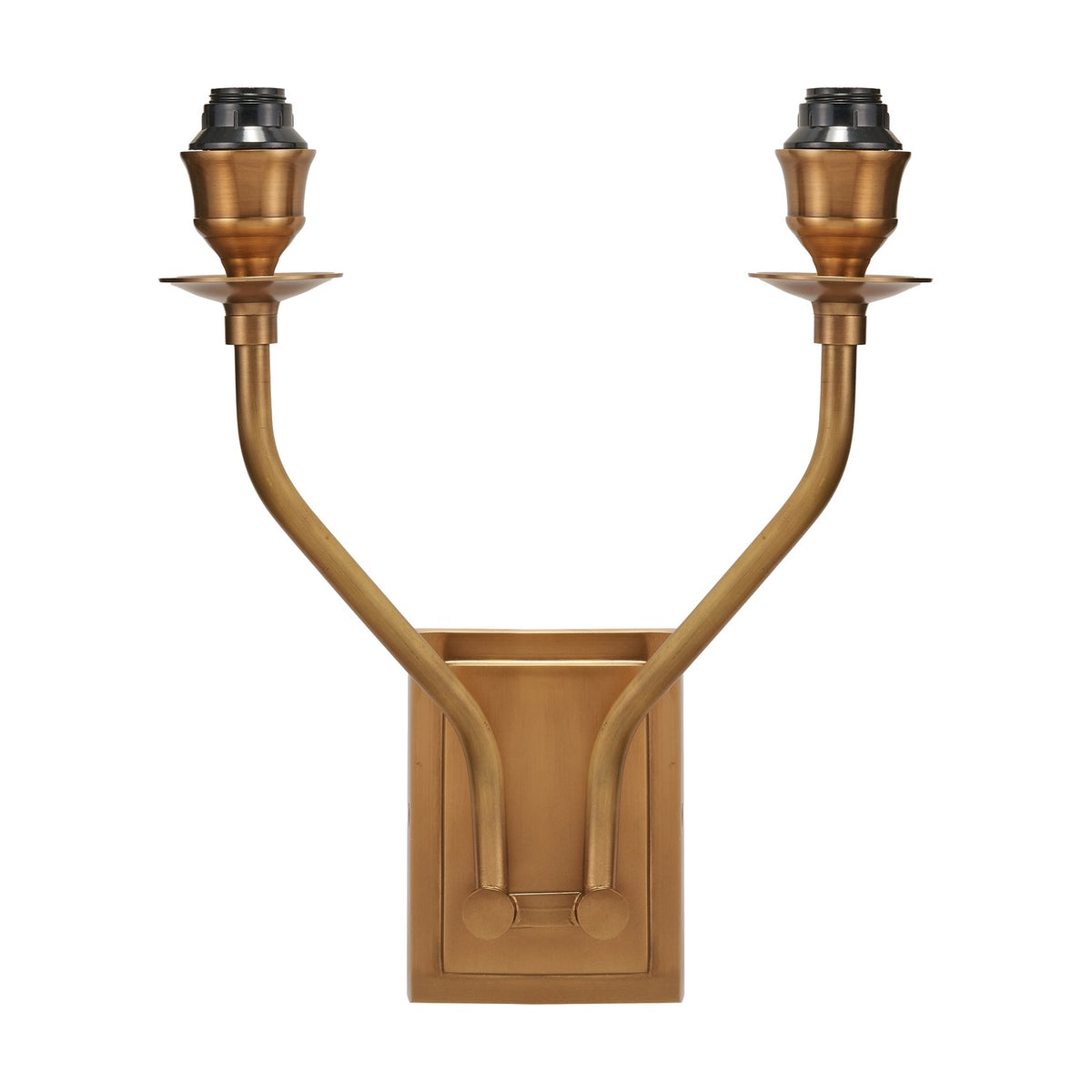 Tatiana Antique Brass Double Wall Light, 30cm, with two upward-curving arms, candle-style holders, and empty bulb sockets, mounted on a rectangular backplate, shown on a plain white background.